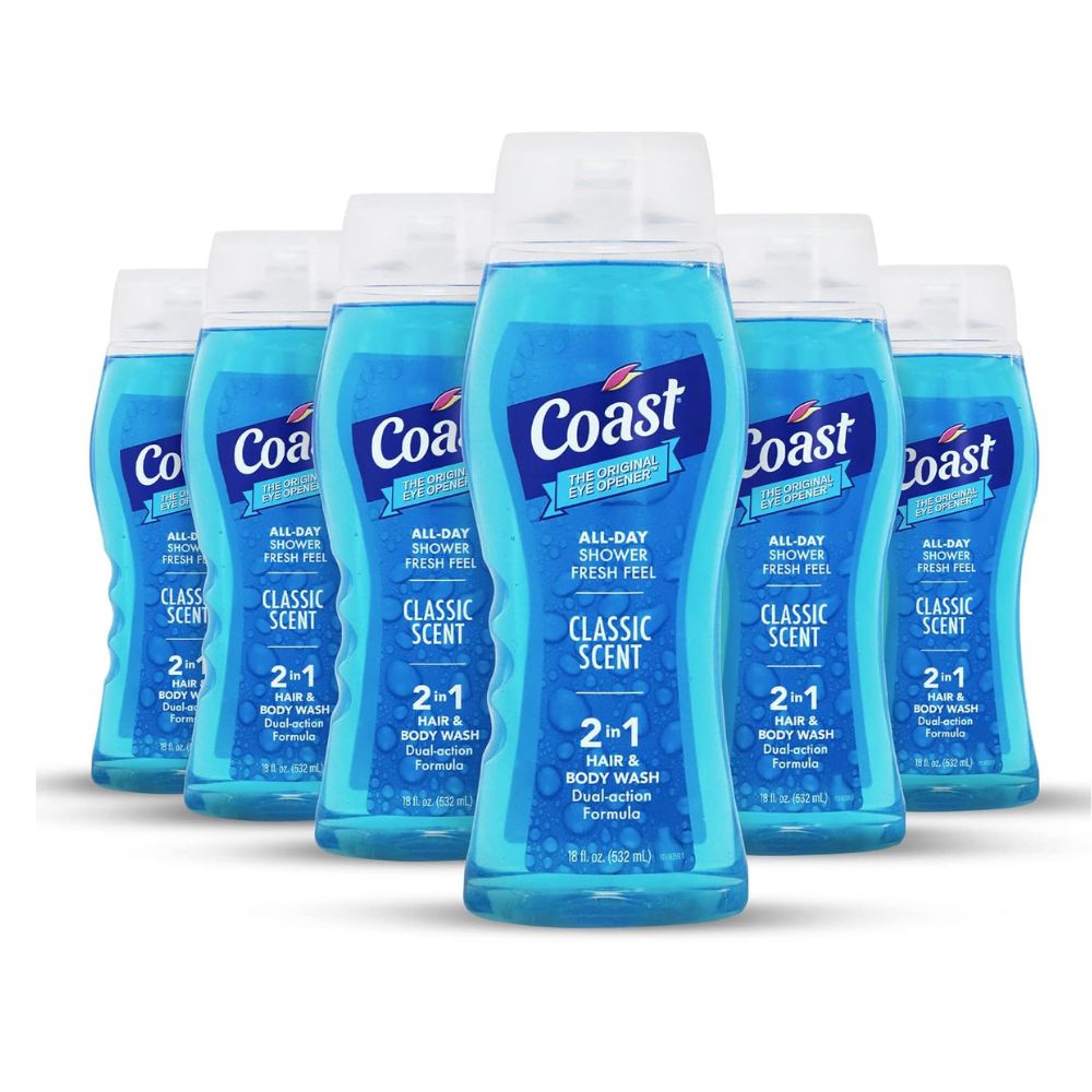 Coast 2-in-1 Hair and Body Wash, Classic Scent - Men's Body Wash, Shampoo & Conditioner - 6 Pack x 18 Fl Oz - Moisturizing