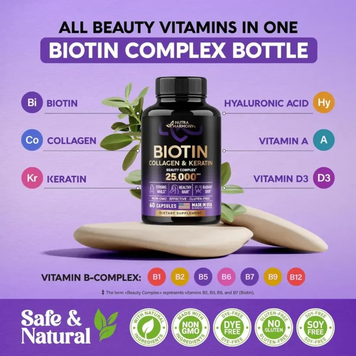 Biotin | Collagen | Keratin | Hyaluronic Acid – Hair Growth Support Supplement | Skin & Nails Beauty Complex 25000 mcg – B1 | B2 - Image 3