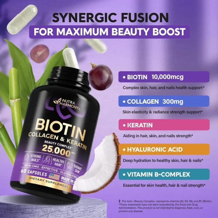 Biotin | Collagen | Keratin | Hyaluronic Acid – Hair Growth Support Supplement | Skin & Nails Beauty Complex 25000 mcg – B1 | B2 - Image 2