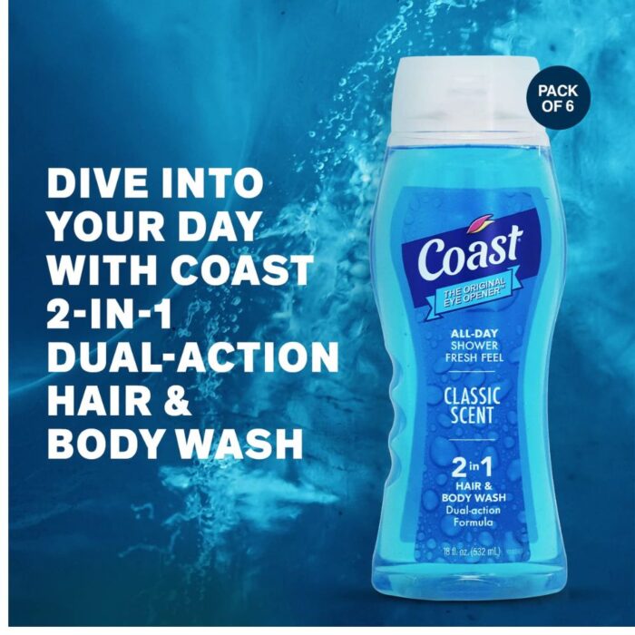 Coast 2-in-1 Hair and Body Wash, Classic Scent - Men's Body Wash, Shampoo & Conditioner - 6 Pack x 18 Fl Oz - Moisturizing - Image 4