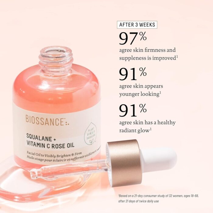 BIOSSANCE Squalane + Vitamin C Rose Oil. Facial Oil to Visibly Brighten, Hydrate, Firm and Reveal Radiant Skin - Image 4