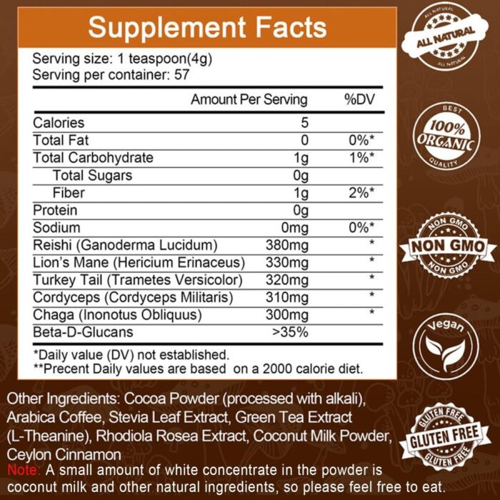 Mushroom Coffee for Smoothies/Latte, Mushroom Powder Blend (57 Servings) with Lions Mane, Reishi, Cordyceps, Turkey Tail, Chaga - Mushroom Supplement for Energy, Focus, Immune- 8 oz - Image 2