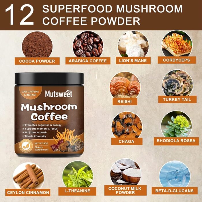 Mushroom Coffee for Smoothies/Latte, Mushroom Powder Blend (57 Servings) with Lions Mane, Reishi, Cordyceps, Turkey Tail, Chaga - Mushroom Supplement for Energy, Focus, Immune- 8 oz - Image 5