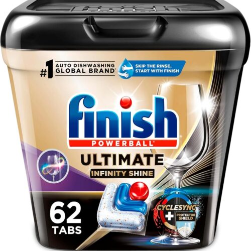 Finish Ultimate Plus Infinity Shine Dishwasher Pods, No Pre-Rinse Dishwasher Detergent Tabs with Protector Shield & CycleSync Technology, Removes Burnt-On Stains, Scrubbing Power, Degreases,62 Count