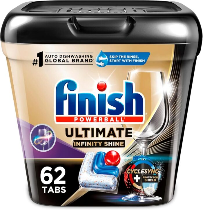 Finish Ultimate Plus Infinity Shine Dishwasher Pods, No Pre-Rinse Dishwasher Detergent Tabs with Protector Shield & CycleSync Technology, Removes Burnt-On Stains, Scrubbing Power, Degreases,62 Count