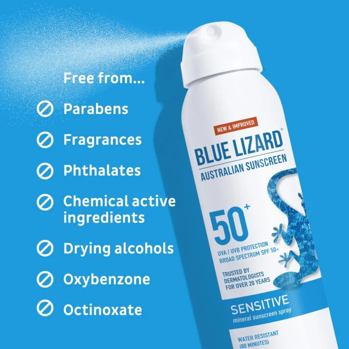 Blue Lizard Sensitive Mineral Sunscreen Spray SPF 50+, Dermatologist-Recommended Brand, Broad-Spectrum UVA/UVB Protection, Water-Resistant, Zinc Oxide Formula, 5 fl oz - Image 3