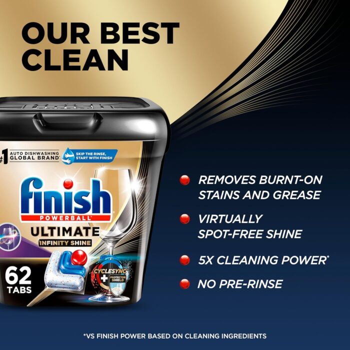Finish Ultimate Plus Infinity Shine Dishwasher Pods, No Pre-Rinse Dishwasher Detergent Tabs with Protector Shield & CycleSync Technology, Removes Burnt-On Stains, Scrubbing Power, Degreases,62 Count - Image 5