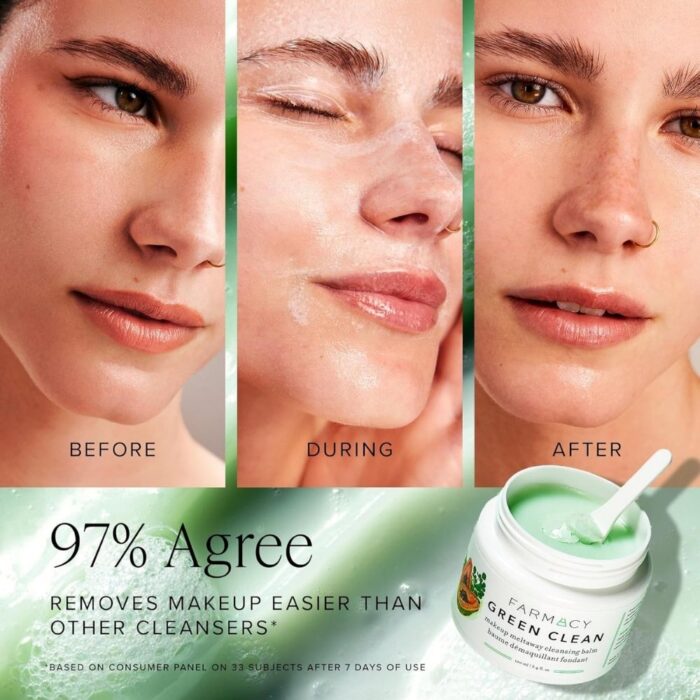 Farmacy Makeup Remover Cleansing Balm - Green Clean Waterproof Makeup Remover + Oil Based Cleanser - Gentle Exfoliating Double Cleanser - Melts From Balm to Milky Lather (100ml) - Image 6