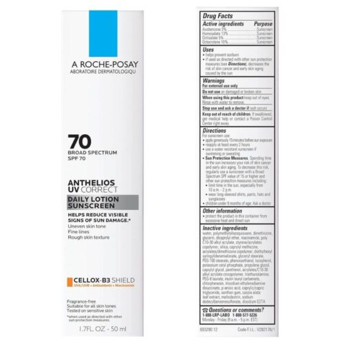 La Roche-Posay Anthelios UV Correct Sunscreen Moisturizer SPF 70, Daily Anti-Aging Face Moisturizer with Niacinamide to Even Skin Tone & Fine Lines
