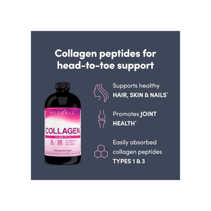 NeoCell Liquid Collagen, Skin, Hair, Nails and Joints Supplement, Includes Fruit Juice Concentrates and Green Tea Blend, Pomegranate, 16 oz., 1 Bottle - Image 3