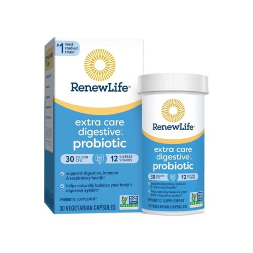 Renew Life Extra Care Digestive Probiotic Capsules, Daily Supplement Supports Immune, Digestive and Respiratory Health, L. Rhamnosus GG, Dairy, Soy and gluten-free, 30 Billion CFU, 30 Count