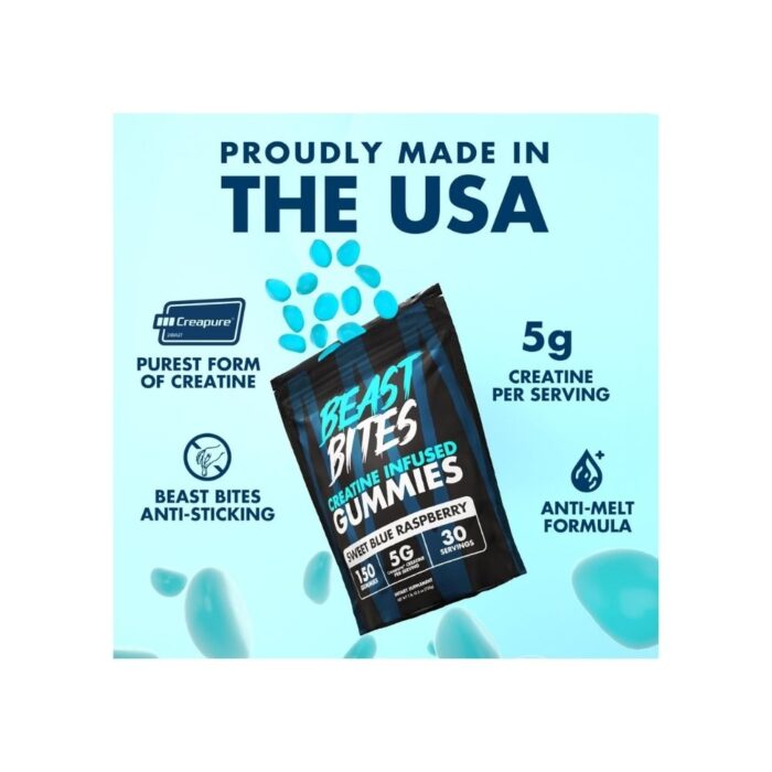 Creatine Gummies - 5g Creatine Monohydrate Per Serving - Low-Calorie & Vegan - Made in The USA - Blue Raspberry Flavor - 30 Servings - Image 3