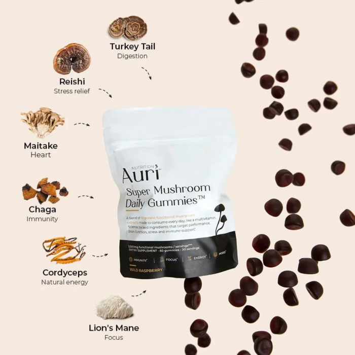 Auri Super Mushroom Daily Gummies - All-in-One Daily Mushroom Supplement Gummy - 12 Mushroom Blend with Chaga, Lions Mane, Reishi, Cordyceps - 60 Gummies - Image 2