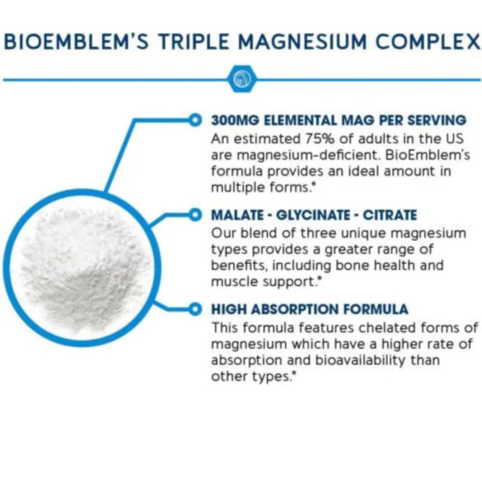 BioEmblem Triple Magnesium Complex | 300mg of Magnesium Glycinate, Malate, & Citrate for Muscles, Nerves, & Energy | High - Image 2