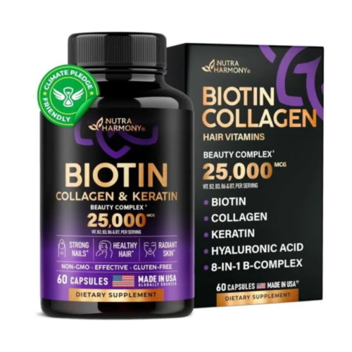 Biotin | Collagen | Keratin | Hyaluronic Acid – Hair Growth Support Supplement | Skin & Nails Beauty Complex 25000 mcg – B1 | B2